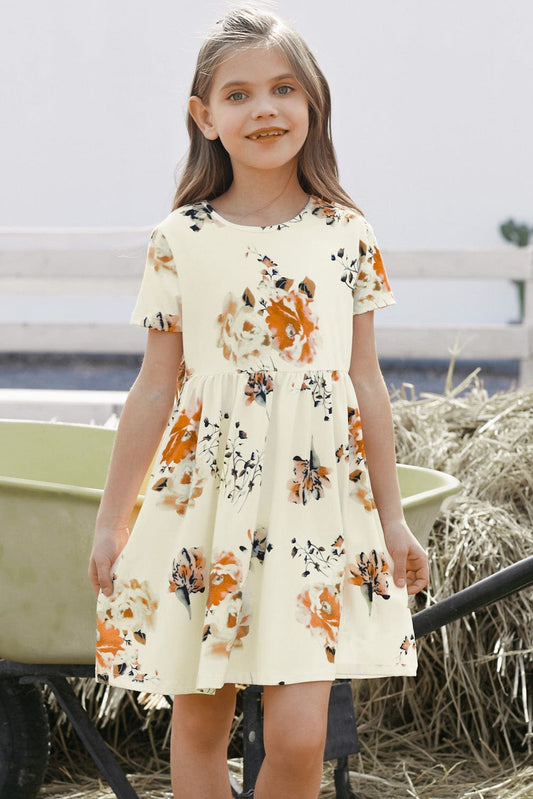 Cream and Floral Print Girls Short Sleeve Dress- Joy is the Journey Store