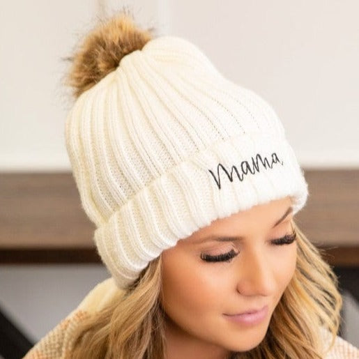 Mama Embroidered Faux Fur Pom Beanie Cap