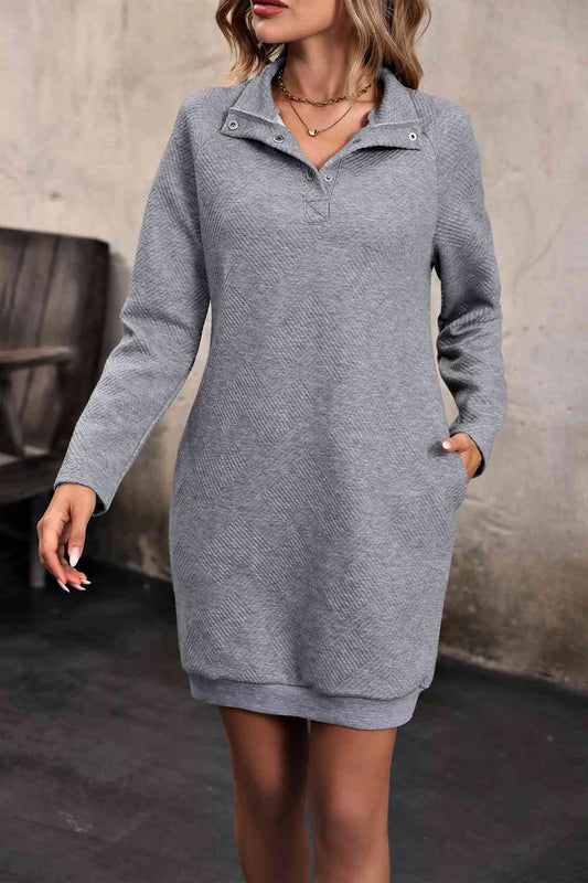 Textured Long Sleeve Snap Front Collared- neck Mini dress - Joy is the journey store