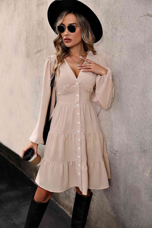 Button Up- V-Neck- Tiered Long Sleeve Dress- Joy is the Journey Store
