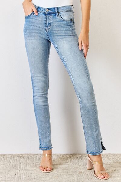 Light Blue Kancan Mid Rise Bootcut Jeans with small side slit at ankle- Joy is the Journey Store